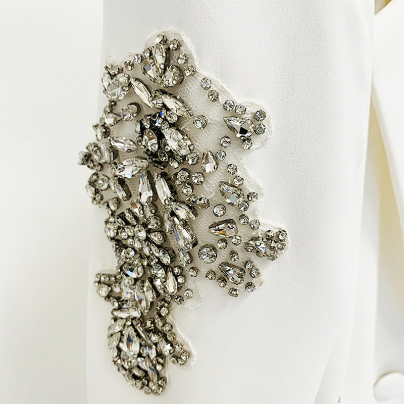 White Crystal Embellished Blazer and Wide Leg Pants Set for Gala Evenings and Luxury Elegance Women-Vyana Collective