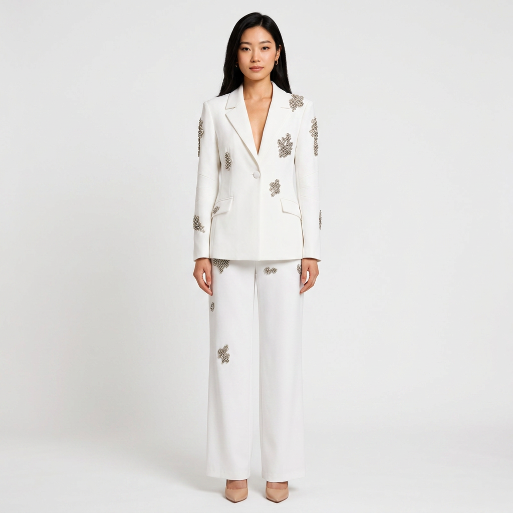 White Crystal Embellished Blazer and Wide Leg Pants Set for Gala Evenings and Luxury Elegance Women-Vyana Collective