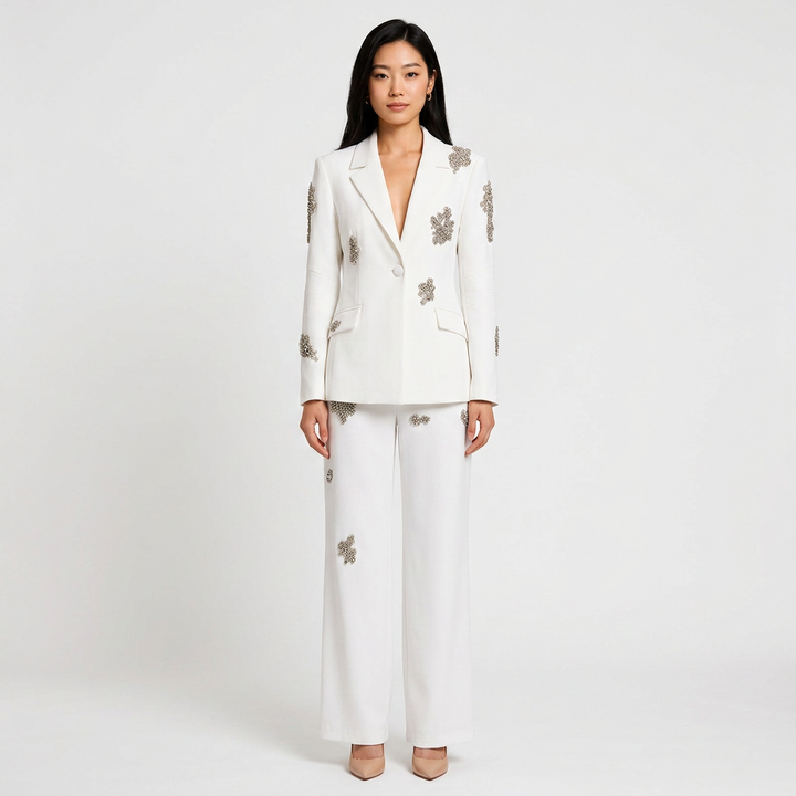 White Crystal Embellished Blazer and Wide Leg Pants Set for Gala Evenings and Luxury Elegance Women-Vyana Collective