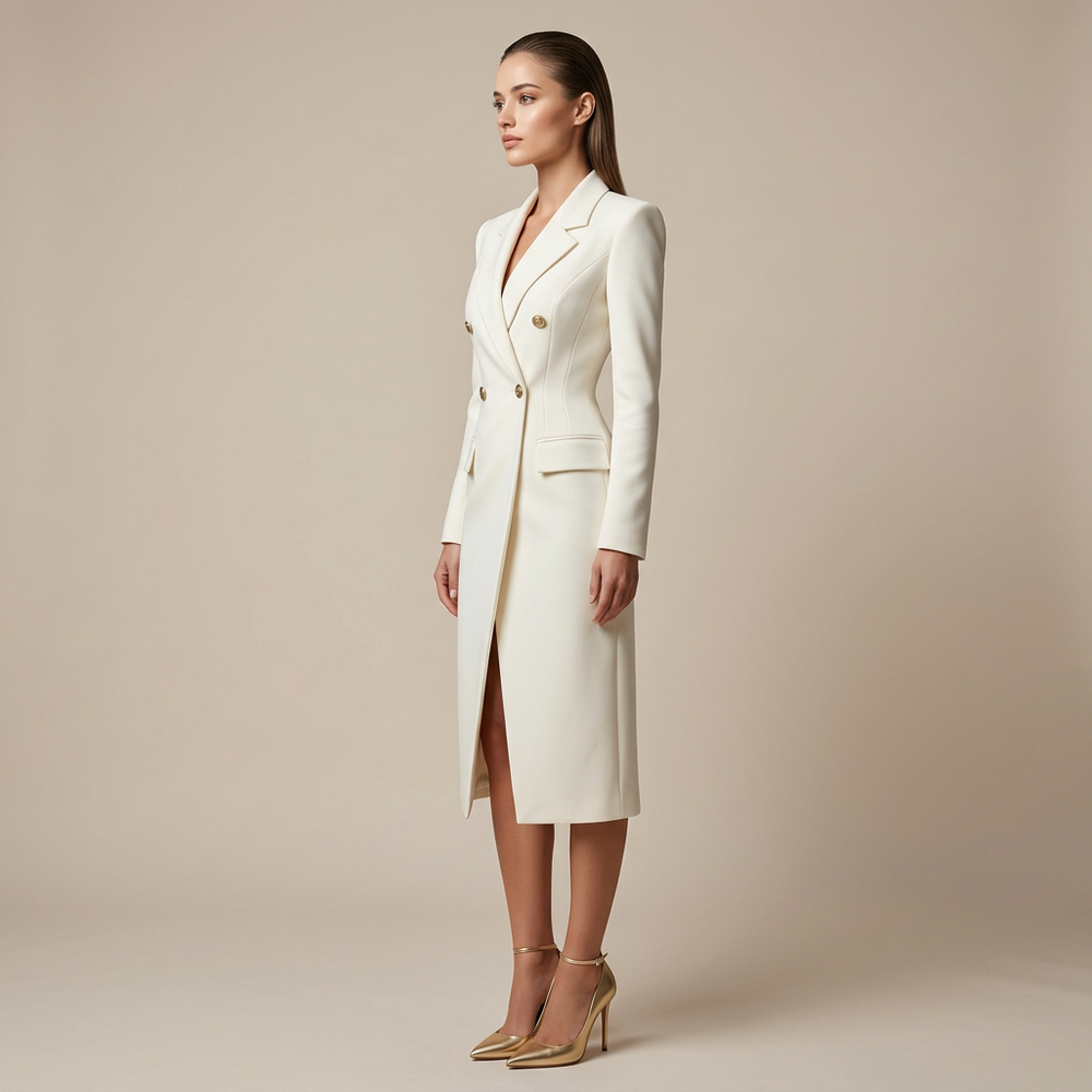 White Double Breasted Blazer Midi Dress for Meetings Ready and Elegant Executive Style Women-Vyana Collective
