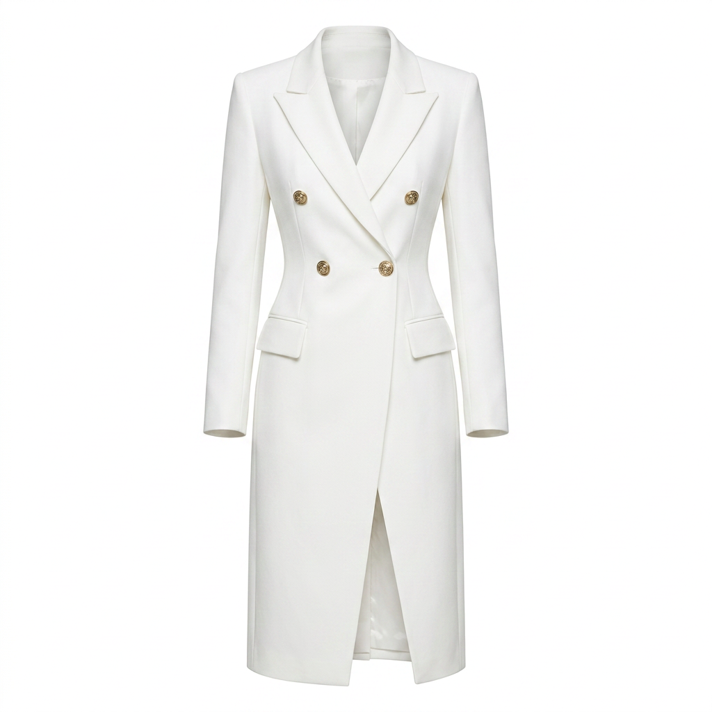 White Double Breasted Blazer Midi Dress for Meetings Ready and Elegant Executive Style Women-Vyana Collective