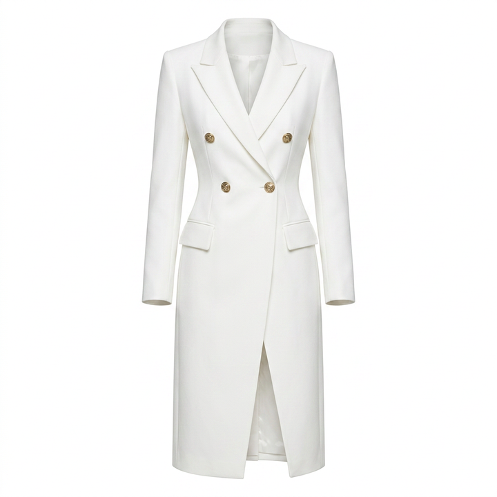 White Double Breasted Blazer Midi Dress for Meetings Ready and Elegant Executive Style Women-Vyana Collective
