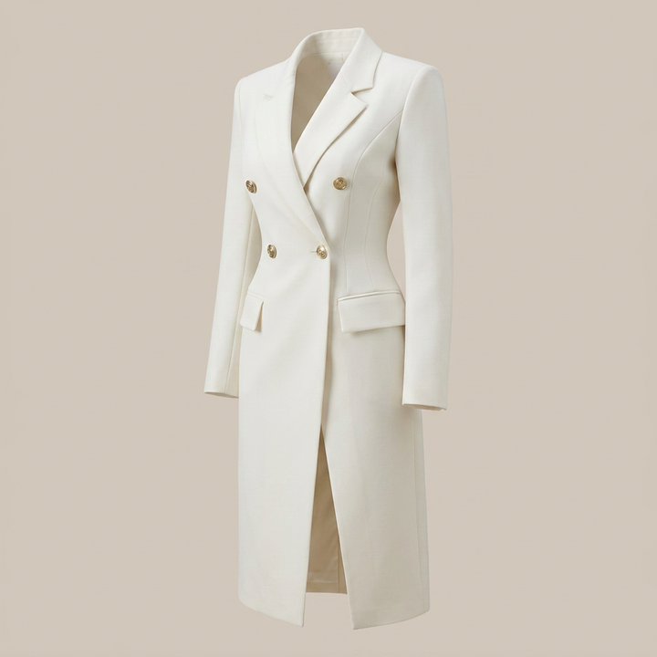 White Double Breasted Blazer Midi Dress for Meetings Ready and Elegant Executive Style Women-Vyana Collective