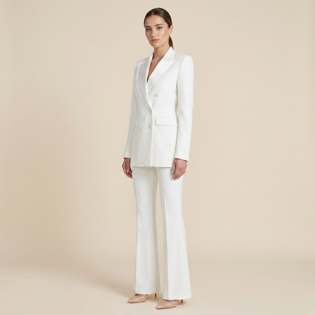 White Double-Breasted Satin Lapel Blazer and Flared Pants Set for Meetings Ready and Elegant Event Style Women-Vyana Collective