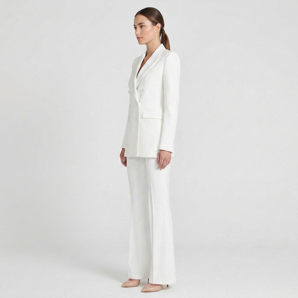 White Double-Breasted Satin Lapel Blazer and Flared Pants Set for Meetings Ready and Elegant Event Style Women-Vyana Collective