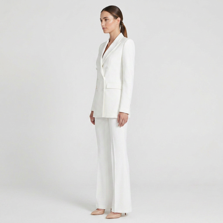 White Double-Breasted Satin Lapel Blazer and Flared Pants Set for Meetings Ready and Elegant Event Style Women-Vyana Collective