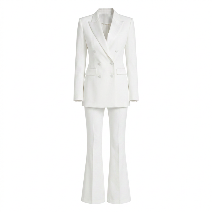 White Double-Breasted Satin Lapel Blazer and Flared Pants Set for Meetings Ready and Elegant Event Style Women-Vyana Collective