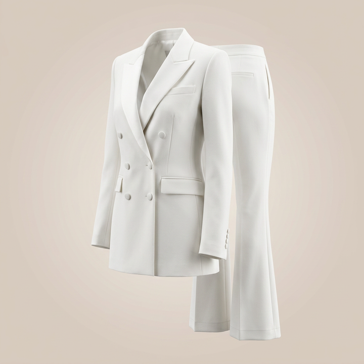 White Double-Breasted Satin Lapel Blazer and Flared Pants Set for Meetings Ready and Elegant Event Style Women-Vyana Collective