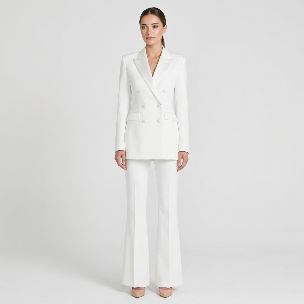 White Double-Breasted Satin Lapel Blazer and Flared Pants Set for Meetings Ready and Elegant Event Style Women-Vyana Collective