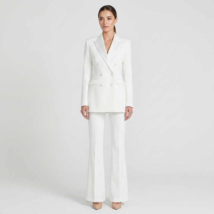 White Double-Breasted Satin Lapel Blazer and Flared Pants Set for Meetings Ready and Elegant Event Style Women-Vyana Collective