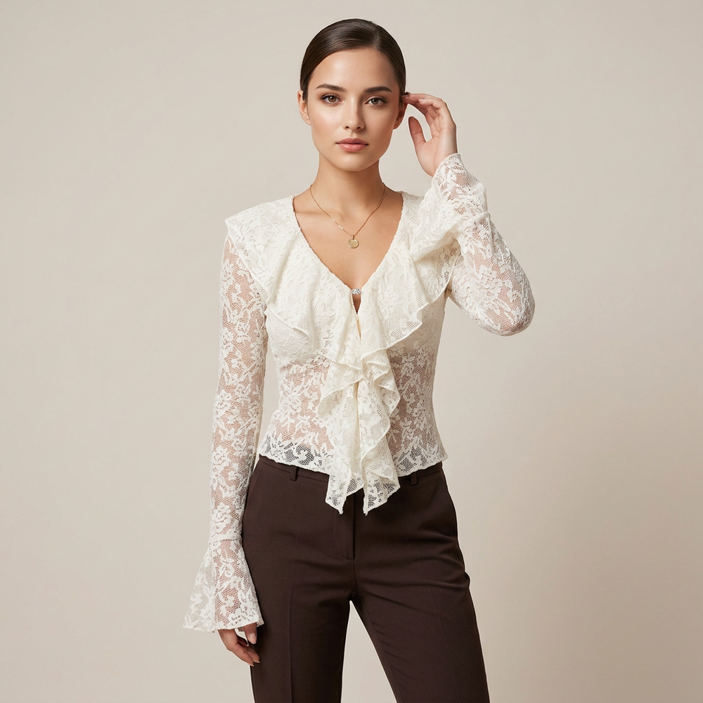 White Lace Ruffle Blouse with Flared Sleeves for Meetings Ready and Romantic Office Style Women-Vyana Collective