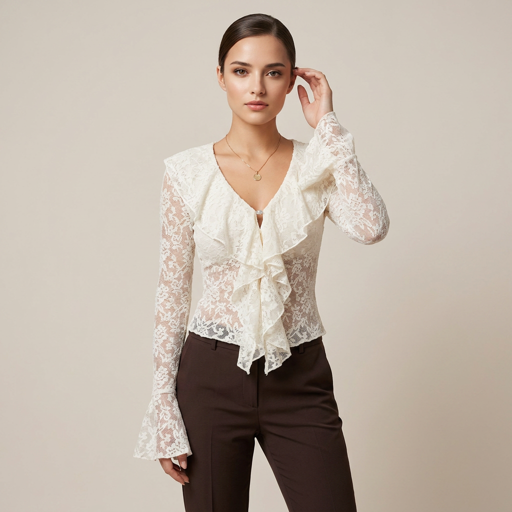 White Lace Ruffle Blouse with Flared Sleeves for Meetings Ready and Romantic Office Style Women-Vyana Collective