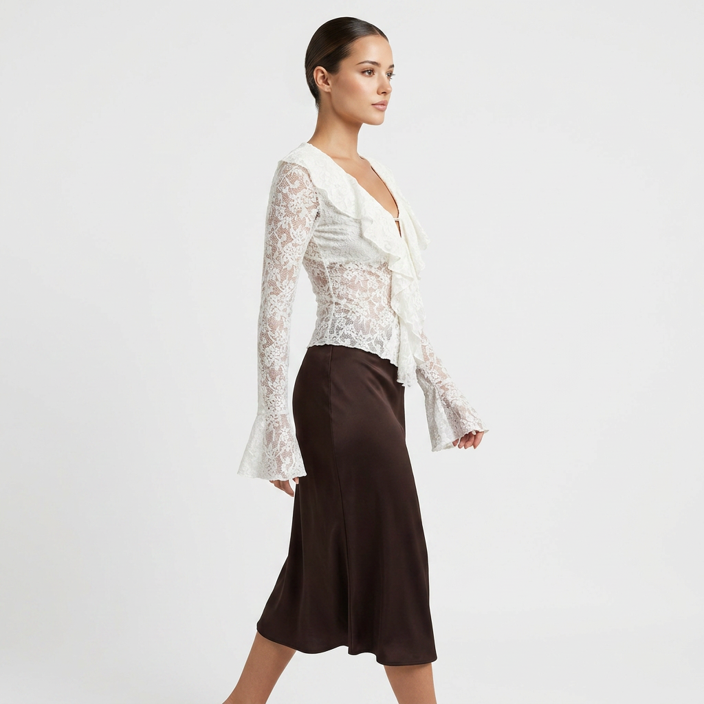 White Lace Ruffle Blouse with Flared Sleeves for Meetings Ready and Romantic Office Style Women-Vyana Collective