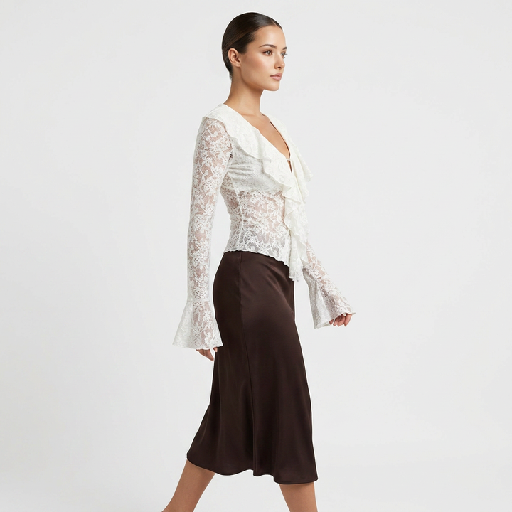 White Lace Ruffle Blouse with Flared Sleeves for Meetings Ready and Romantic Office Style Women-Vyana Collective