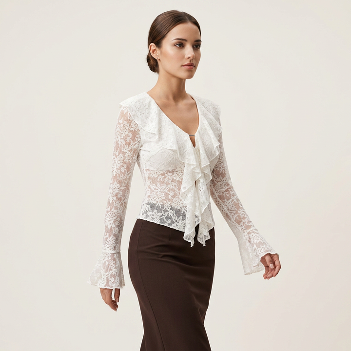 White Lace Ruffle Blouse with Flared Sleeves for Meetings Ready and Romantic Office Style Women-Vyana Collective