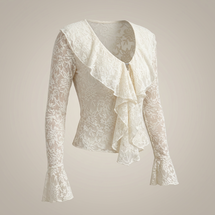 White Lace Ruffle Blouse with Flared Sleeves for Meetings Ready and Romantic Office Style Women-Vyana Collective