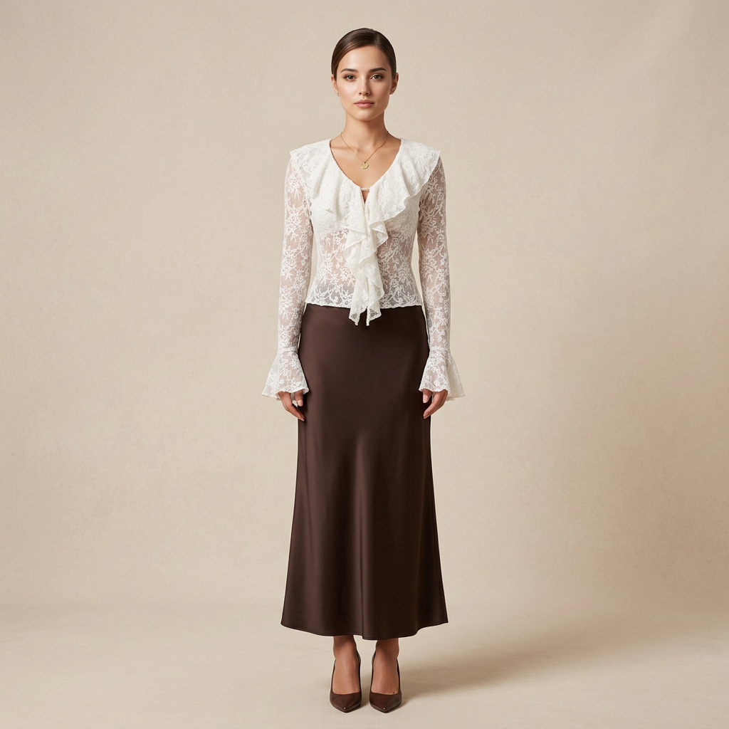 White Lace Ruffle Blouse with Flared Sleeves for Meetings Ready and Romantic Office Style Women-Vyana Collective