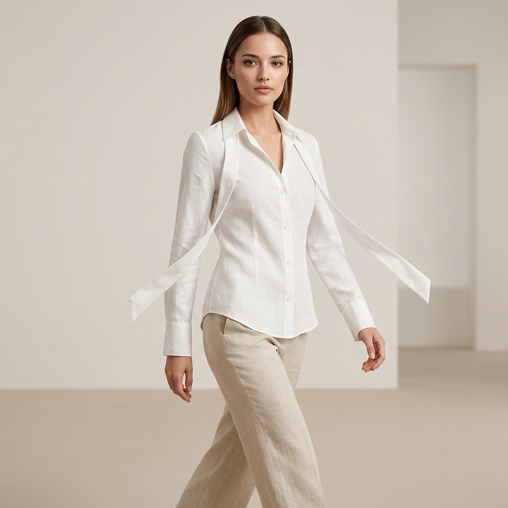 White Linen Lace-Up Waist Shirt for Meetings and Smart Casual Styling for Women-Vyana Collective