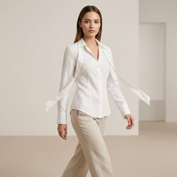 White Linen Lace-Up Waist Shirt for Meetings and Smart Casual Styling for Women-Vyana Collective