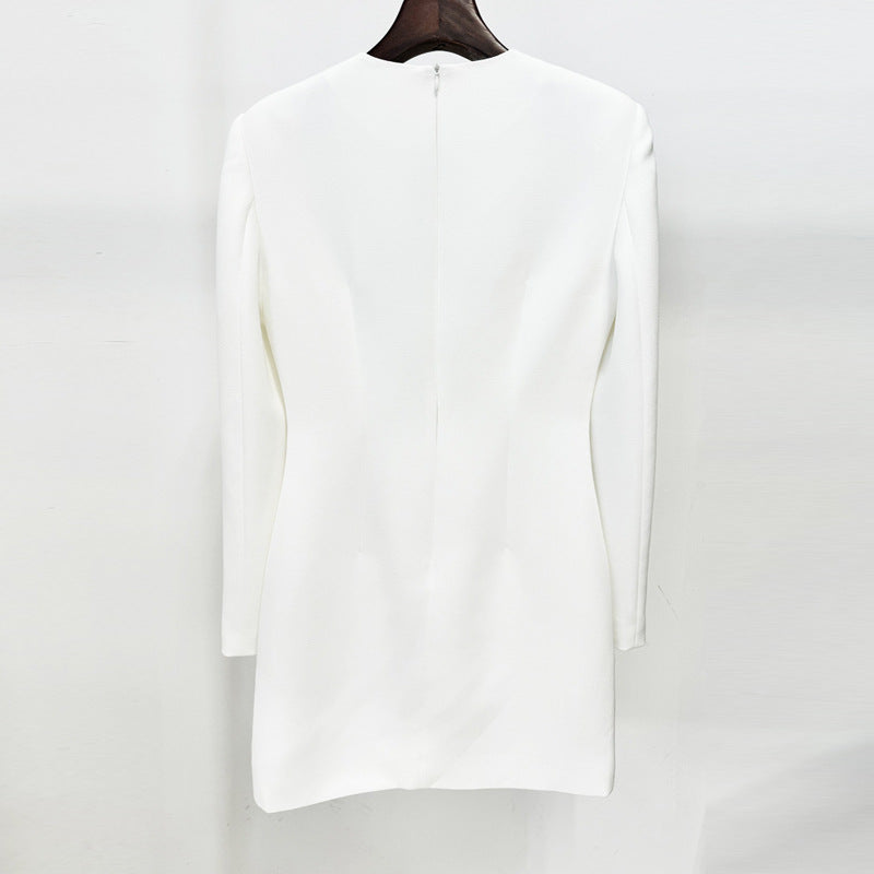 White Long Sleeve Mini Dress with 3D Floral Bead Embellishments for Cocktail Parties and Elegant Evenings Women-Vyana Collective