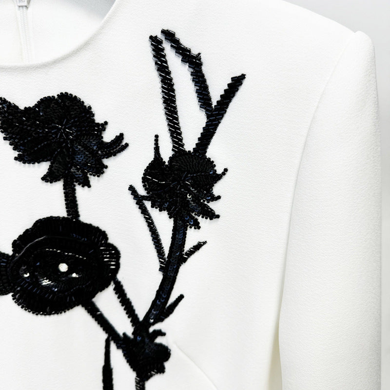 White Long Sleeve Mini Dress with 3D Floral Bead Embellishments for Cocktail Parties and Elegant Evenings Women-Vyana Collective