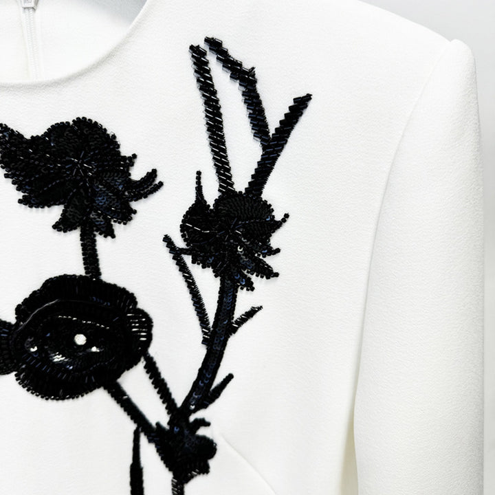 White Long Sleeve Mini Dress with 3D Floral Bead Embellishments for Cocktail Parties and Elegant Evenings Women-Vyana Collective