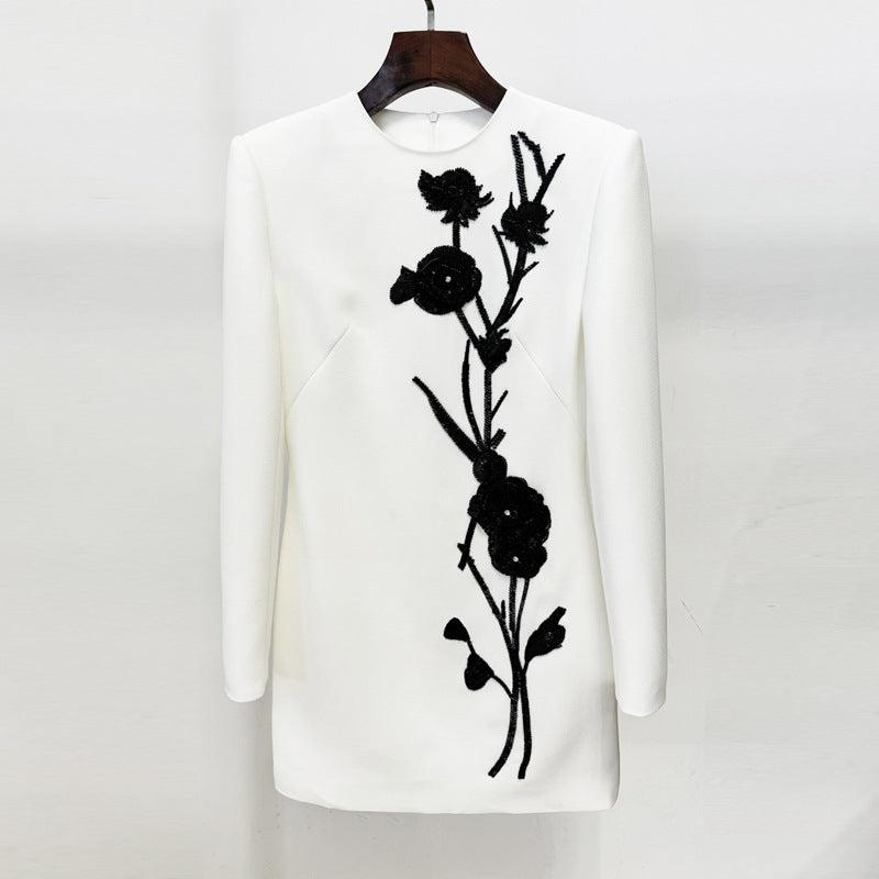 White Long Sleeve Mini Dress with 3D Floral Bead Embellishments for Cocktail Parties and Elegant Evenings Women-Vyana Collective