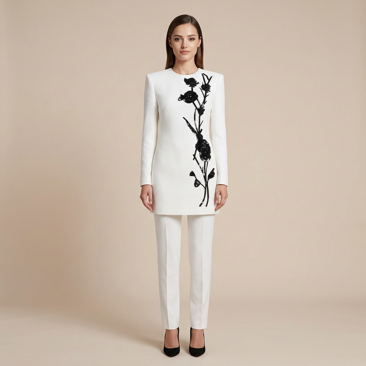 White Long Sleeve Mini Dress with 3D Floral Bead Embellishments for Cocktail Parties and Elegant Evenings Women-Vyana Collective
