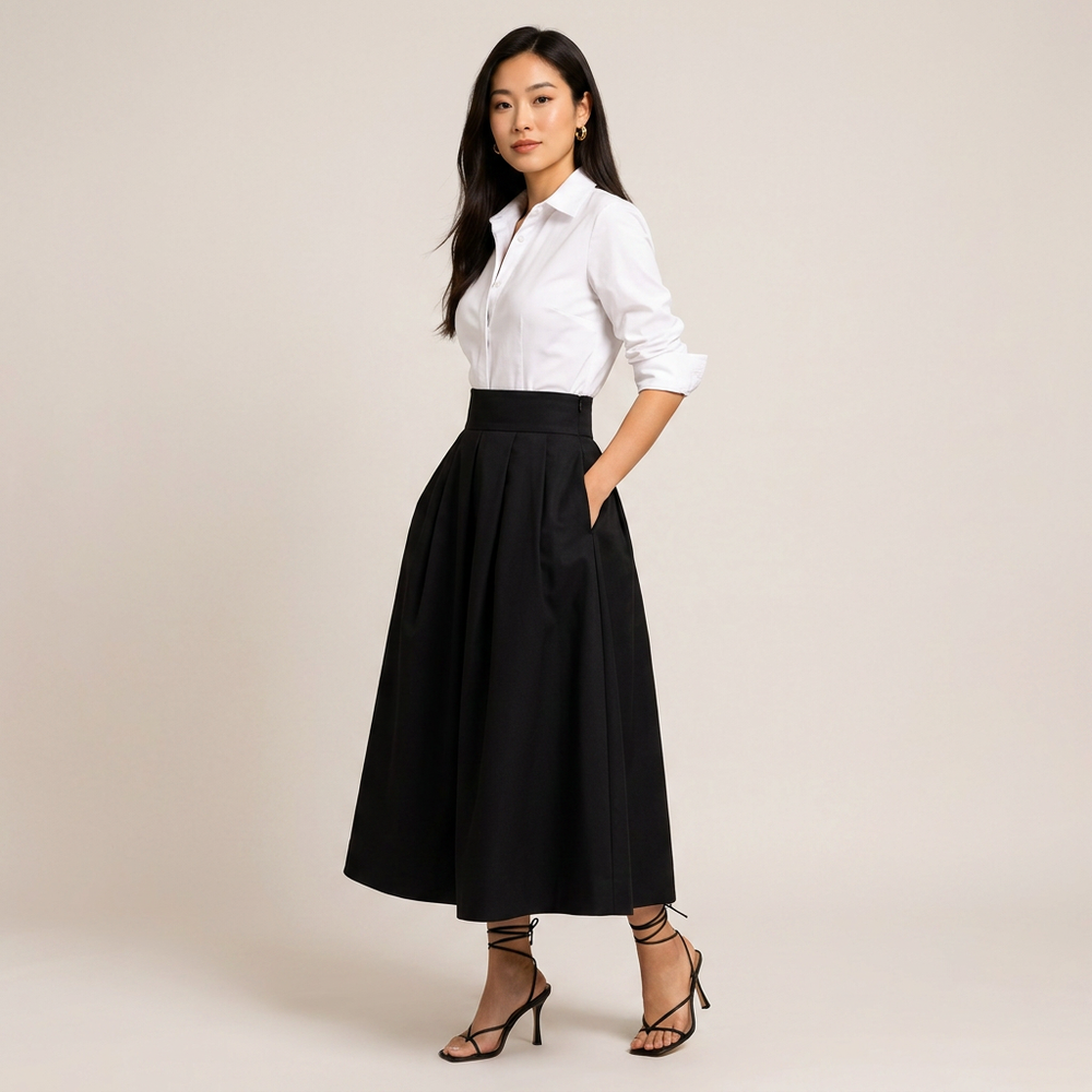 White Long Sleeve Shirt and High Waisted Maxi Skirt Set-Vyana Collective