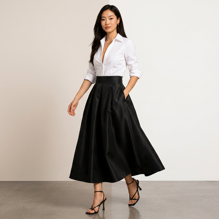 White Long Sleeve Shirt and High Waisted Maxi Skirt Set-Vyana Collective