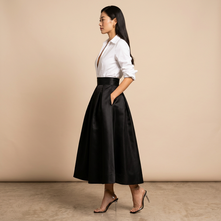 White Long Sleeve Shirt and High Waisted Maxi Skirt Set-Vyana Collective