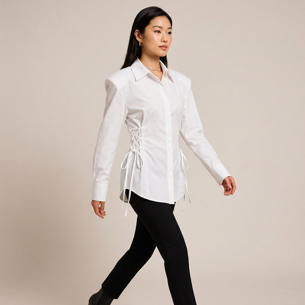 White Padded Shoulder Tie Waist Shirt for Meetings Ready and Modern Office Style Women-Vyana Collective