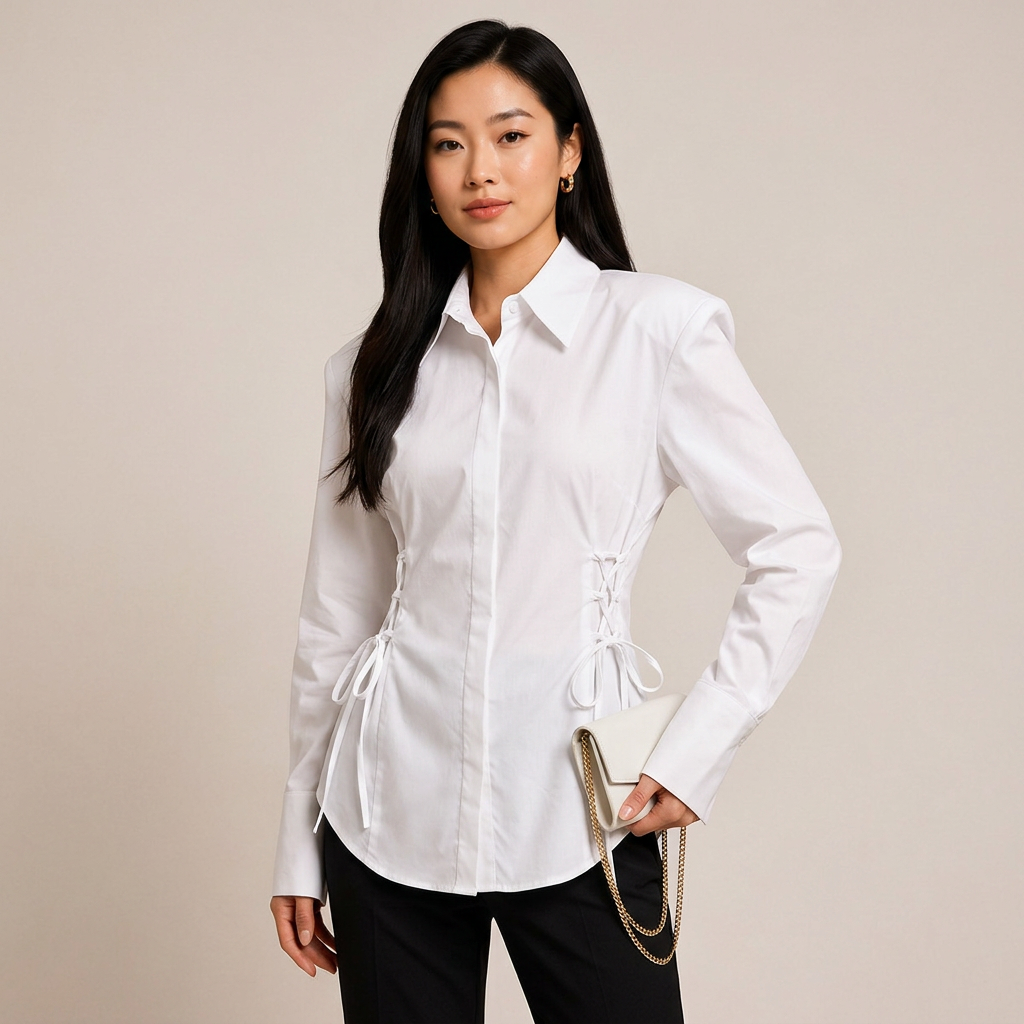 White Padded Shoulder Tie Waist Shirt for Meetings Ready and Modern Office Style Women-Vyana Collective