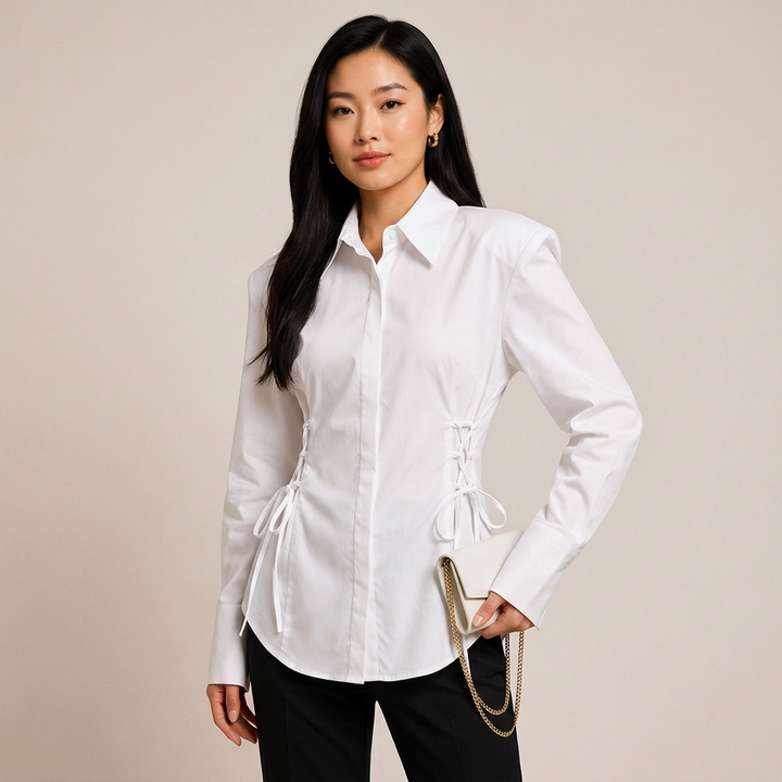 White Padded Shoulder Tie Waist Shirt for Meetings Ready and Modern Office Style Women-Vyana Collective