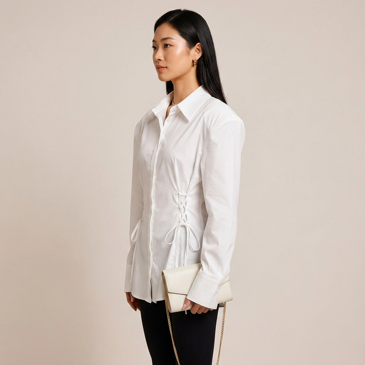 White Padded Shoulder Tie Waist Shirt for Meetings Ready and Modern Office Style Women-Vyana Collective