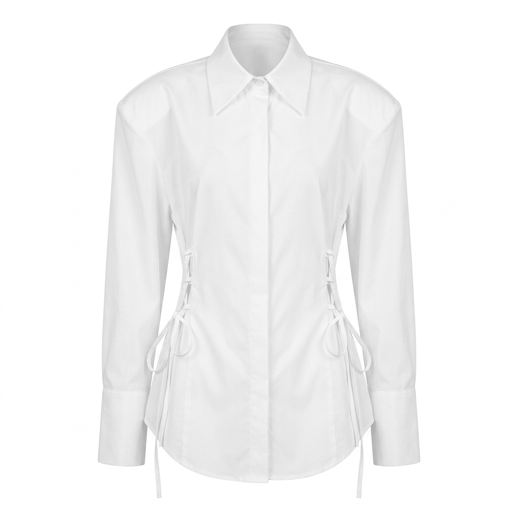 White Padded Shoulder Tie Waist Shirt for Meetings Ready and Modern Office Style Women-Vyana Collective