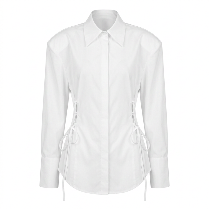 White Padded Shoulder Tie Waist Shirt for Meetings Ready and Modern Office Style Women-Vyana Collective