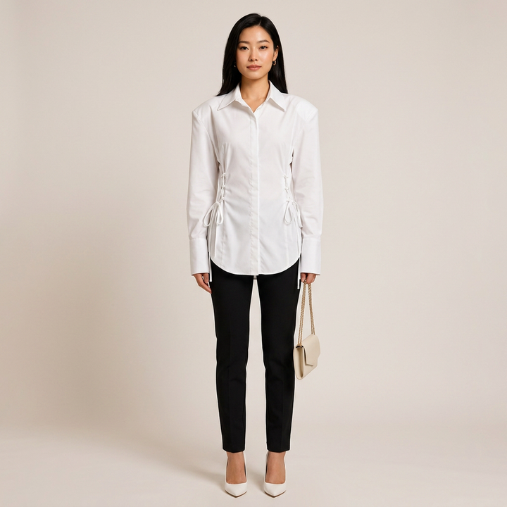 White Padded Shoulder Tie Waist Shirt for Meetings Ready and Modern Office Style Women-Vyana Collective