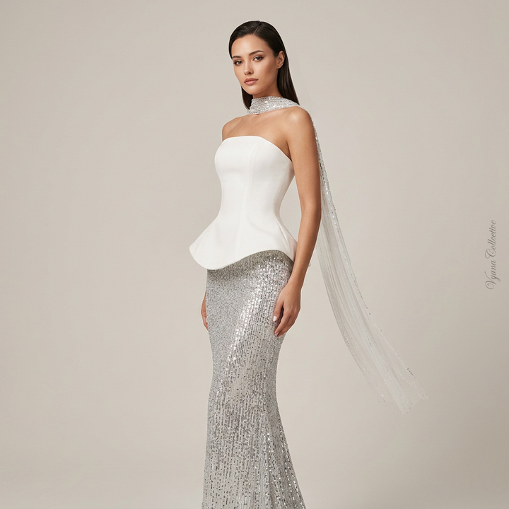 White Peplum Strapless Top and Sequin Maxi Skirt Set-Vyana Collective