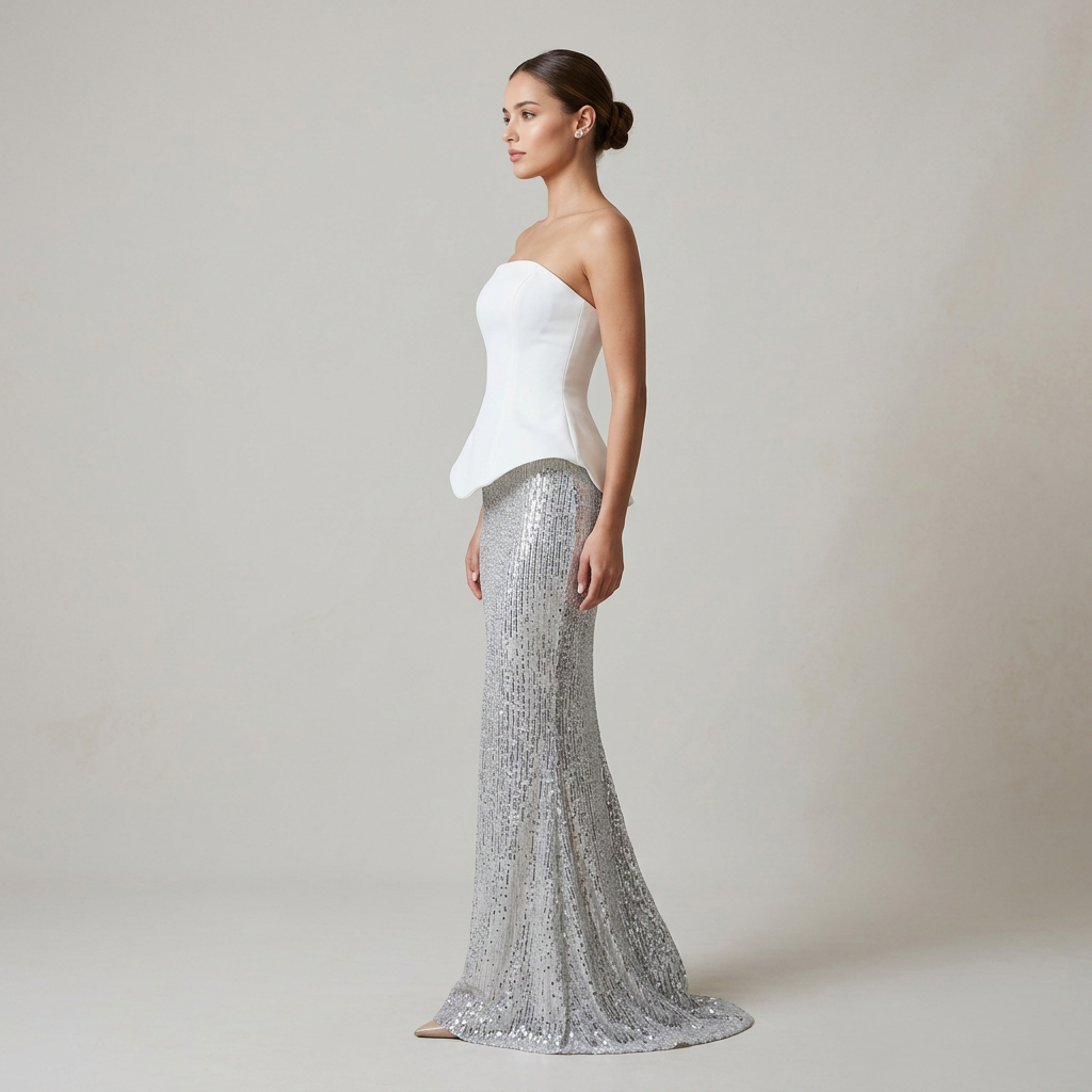 White Peplum Strapless Top and Sequin Maxi Skirt Set-Vyana Collective