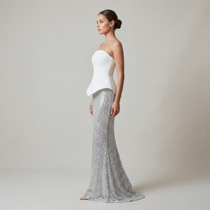 White Peplum Strapless Top and Sequin Maxi Skirt Set-Vyana Collective