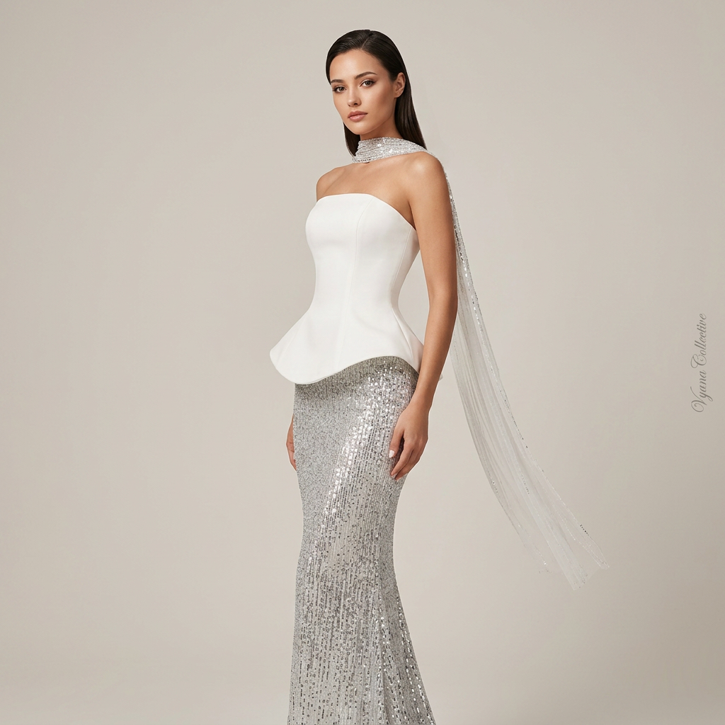 White Peplum Strapless Top and Sequin Maxi Skirt Set | Vyana Collective-Vyana Collective
