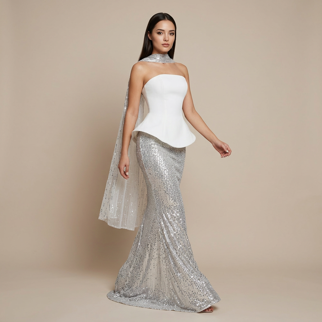 White Peplum Strapless Top and Sequin Maxi Skirt Set | Vyana Collective-Vyana Collective