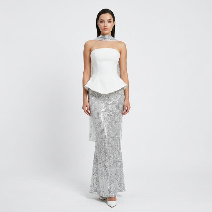 White Peplum Strapless Top and Sequin Maxi Skirt Set | Vyana Collective-Vyana Collective