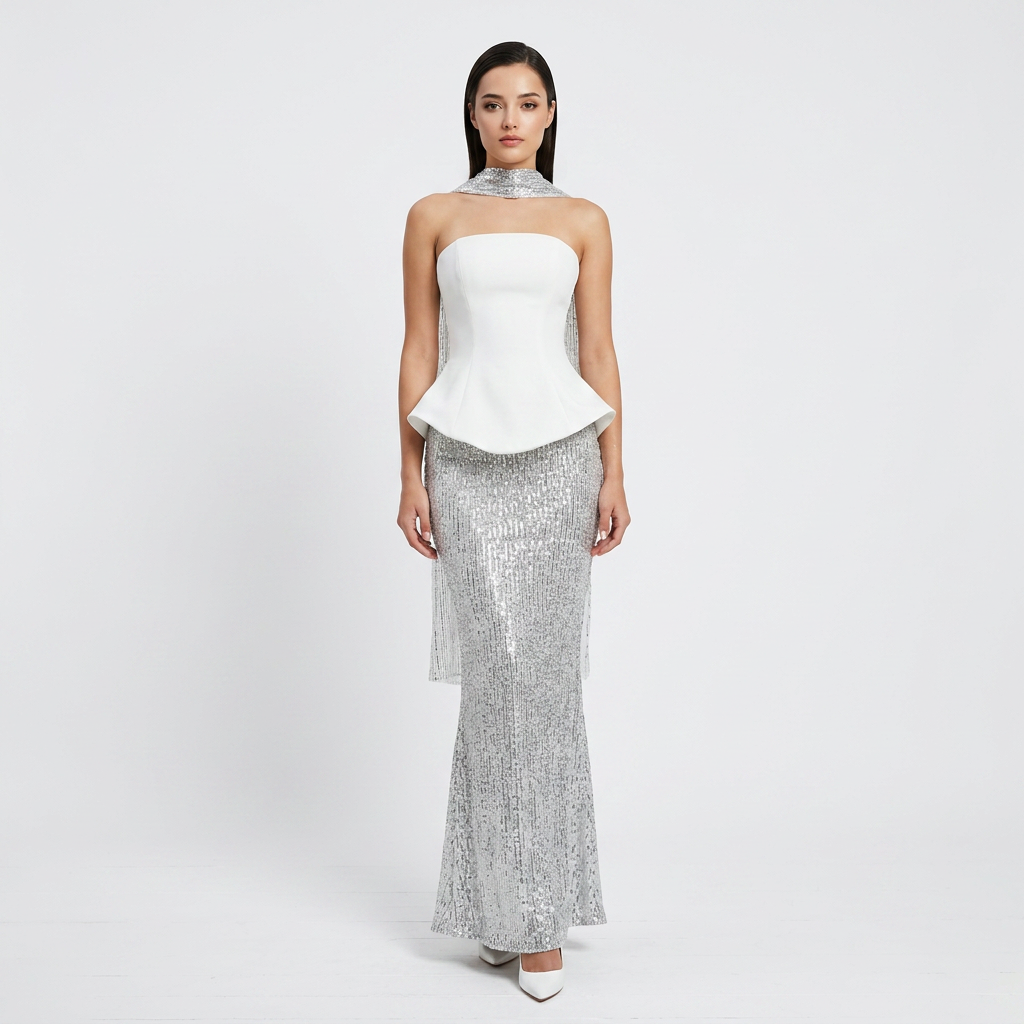 White Peplum Strapless Top and Sequin Maxi Skirt Set-Vyana Collective