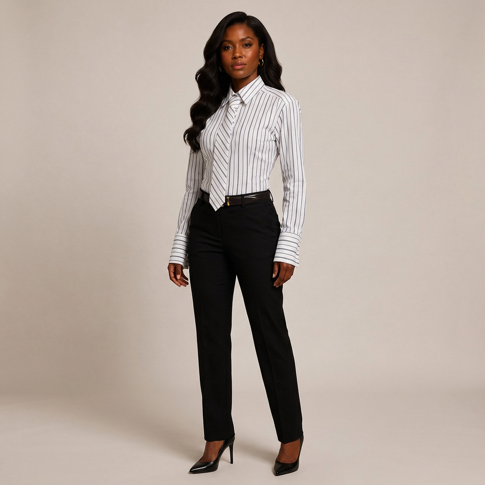 White Pinstripe Power-Shoulder Shirt with Matching Tie-Vyana Collective