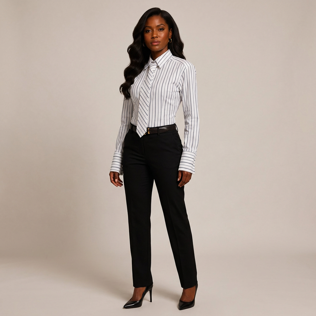 White Pinstripe Power-Shoulder Shirt with Matching Tie-Vyana Collective