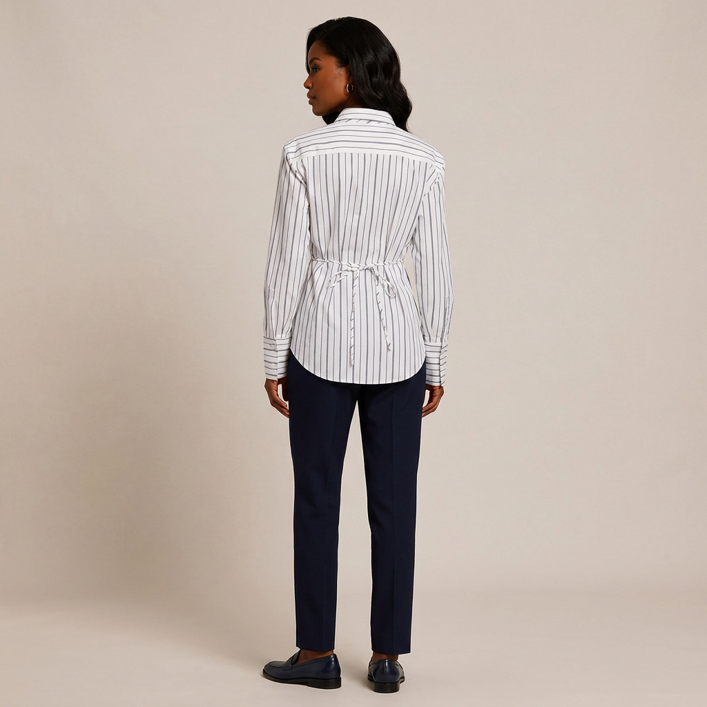 White Pinstripe Power-Shoulder Shirt with Matching Tie-Vyana Collective