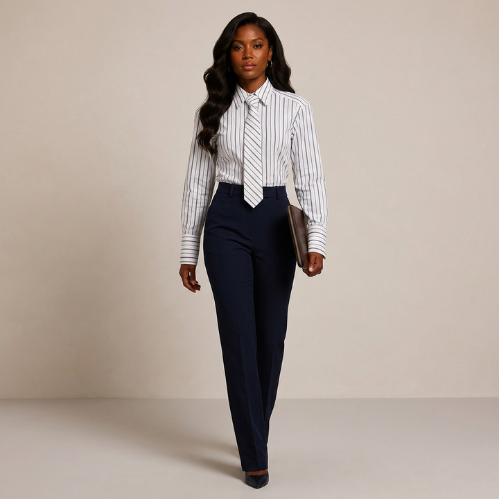 White Pinstripe Power-Shoulder Shirt with Matching Tie-Vyana Collective