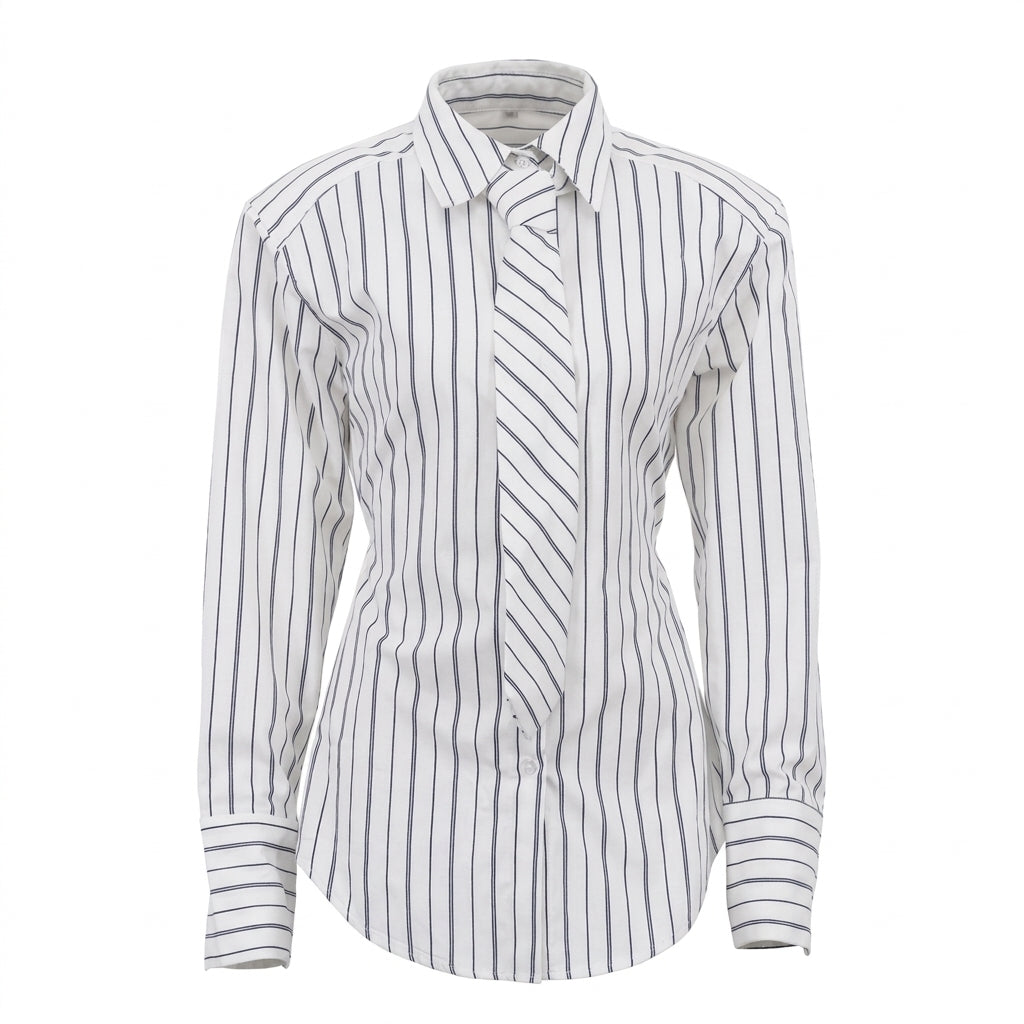 White Pinstripe Power-Shoulder Shirt with Matching Tie-Vyana Collective